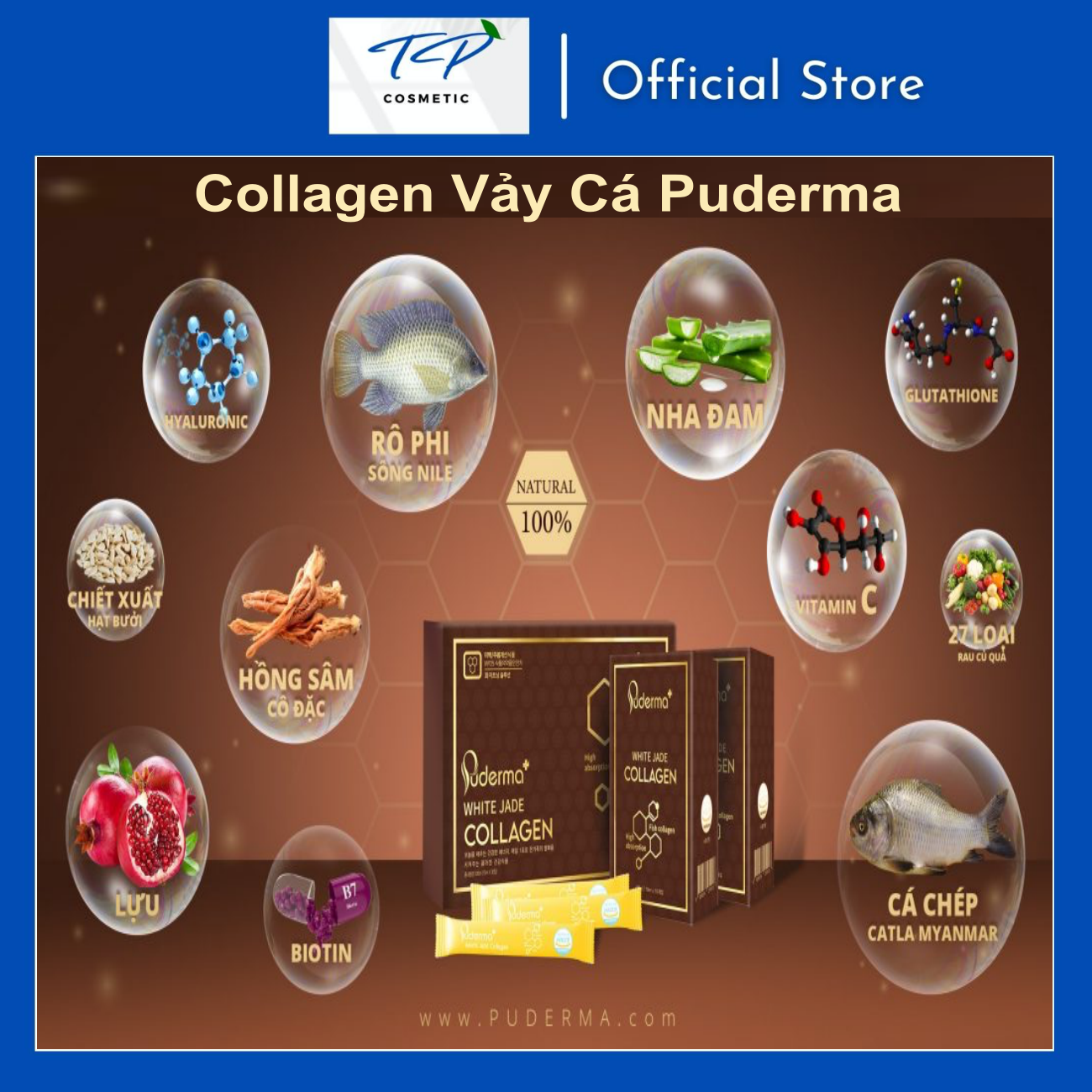 COLLAGEN Vảy Cá PUDERMA WHITE JADE COLLAGEN: Tăng độ đàn hồi cho làn da nhanh chóng, giúp da luôn căng mịn trắng sáng. Chống lão hóa da như nếp nhăn, khô ráp… và làm mờ vết thâm nám duy trì sự căng mướt, trẻ trung cho làn da