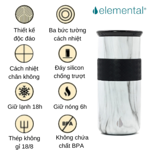 LY GIỮ NHIỆT ELEMENTAL MÀU VÂN ĐÁ , ĐẠT CHUẨN FDA HOA KỲ, THÉP 304 KHÔNG GỈ, GIỮ NÓNG LẠNH
