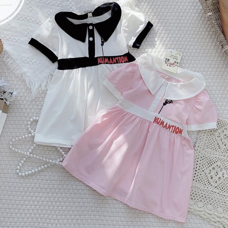Quần áo trẻ em,váy cho bé gái,bộ váy cổ trụ phối viền xinh xắn,2 màu trắng,hồng,chất liệu cotton 4c,thoáng mát