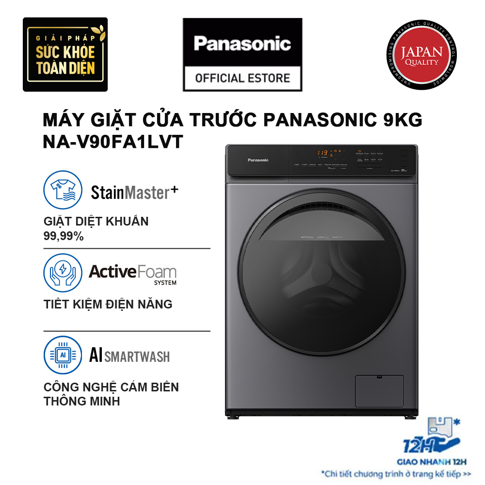 Máy giặt Cửa Trước Panasonic 9kg NA-V90FA1LVT - Giặt thông minh - Giặt diệt khuẩn - Tự động vệ sinh lồng giặt &amp; vòng đệm - Hàng chính hãng