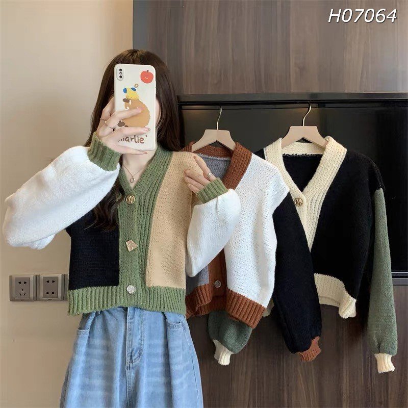 Áo len nữ trơn QCCC,khoác Cardigan mỏng nút cổ V,tay dài,phối màu cưng xỉu