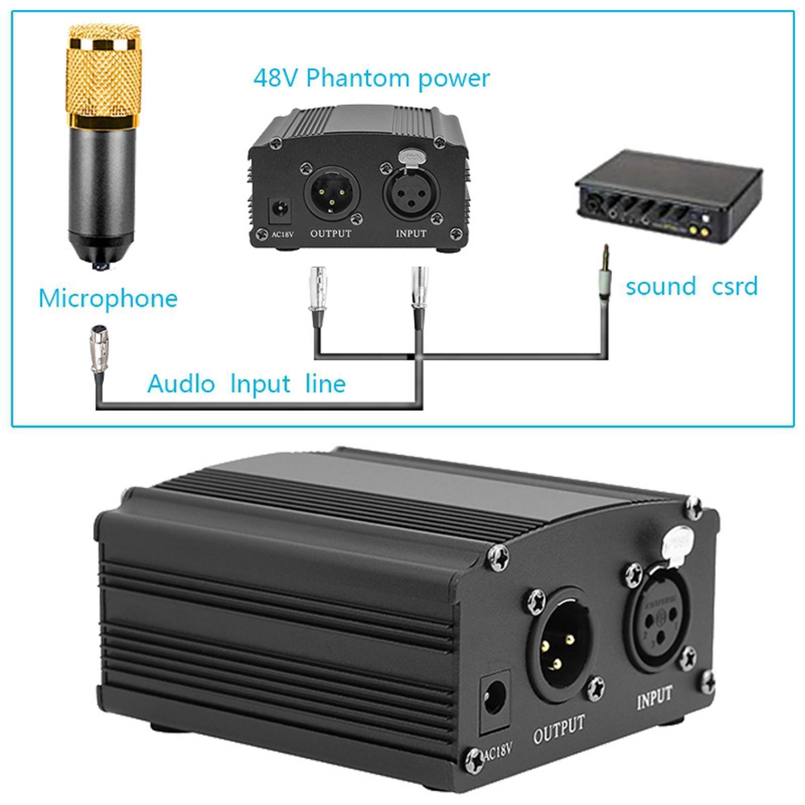 48V Phantom Power Supply with Charging Cable for Microphone Music Recording