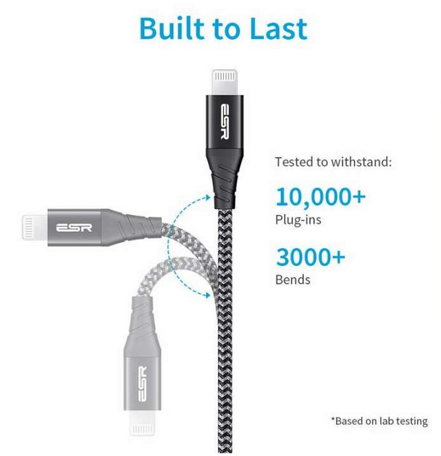 Cáp sạc ESR USB-C to Lightning, Nylon Power Delivery chuẩn MFi - Hàng chính hãng