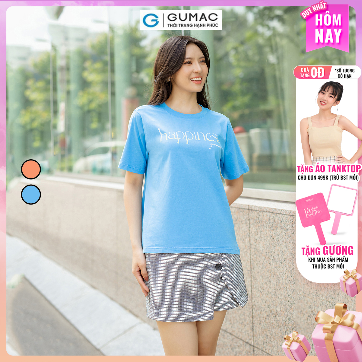 Áo thun nữ cotton tay ngắn cổ tròn in Happiness trẻ trung năng động thời trang GUMAC ATD07043