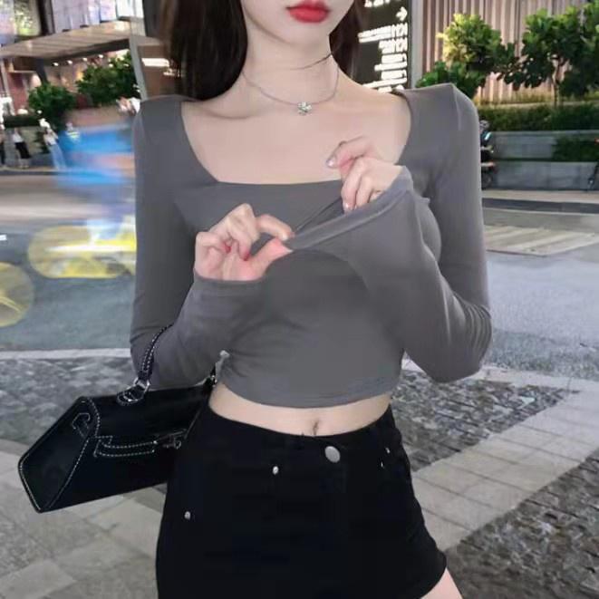 Áo croptop , áo croptop tay dài, cổ vuông màu trơn co giãn thời trang đẹp giá rẻ phong cách Hàn Quốc ACN005