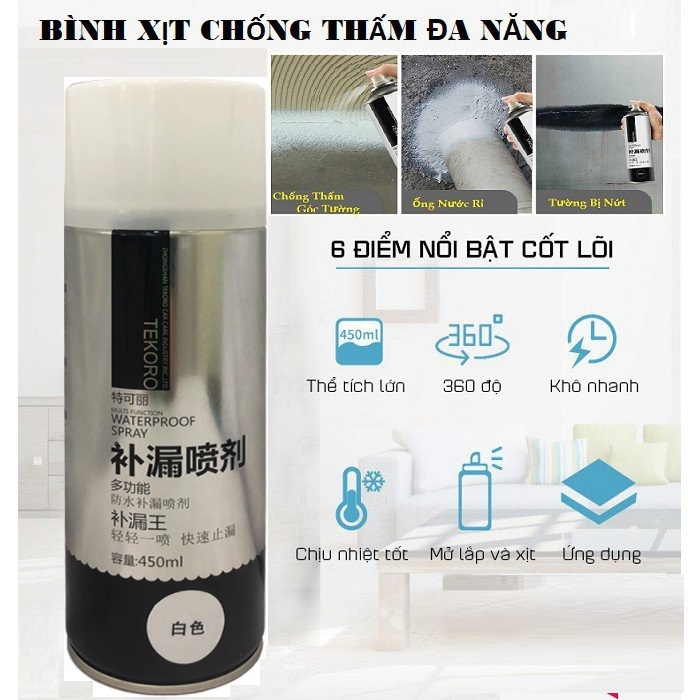 Xịt Chống Thấm,chống dột, Tường Nhà, Chống Thấm Nước,Bể Cá, Mái Nhà, Mái Tôn đa năng TEKORO 450ML - Tặng khăn lau đa năng 2 mặt siêu thấm