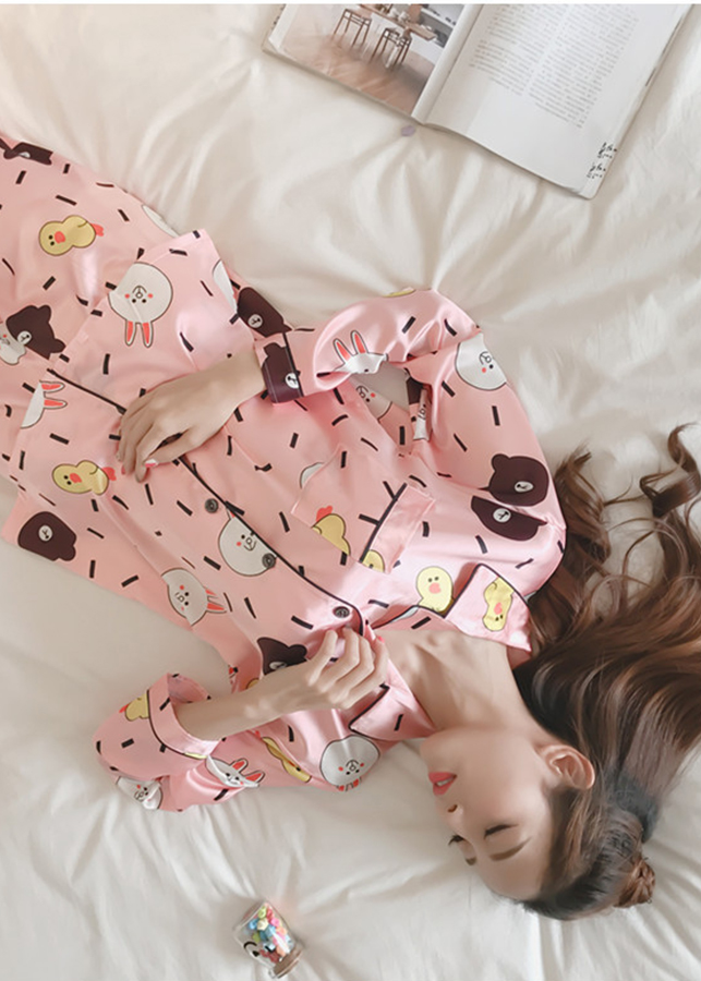 Quần áo tay dài nữ mặc nhà họa tiết mặt gấu CDANP14 - cam hồng