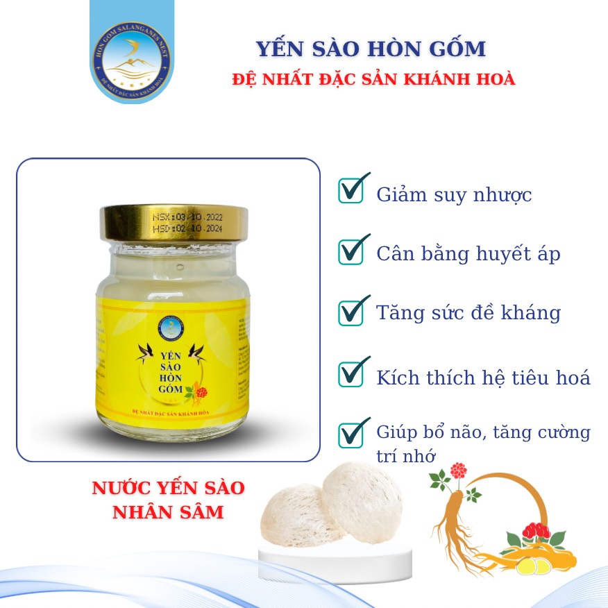 Nước Yến Sào Nhân Sâm - Yến Sào Hòn Gốm Chính Hiệu Khánh Hoà - H G SALANGANES NEST