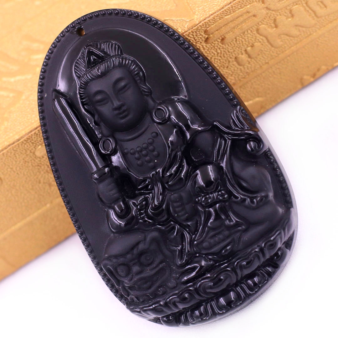 Mặt dây chuyền Phật Văn thù đá đen 3.6 cm kèm móc inox vàng và vòng cổ dây cao su đen, Mặt Phật bản mệnh