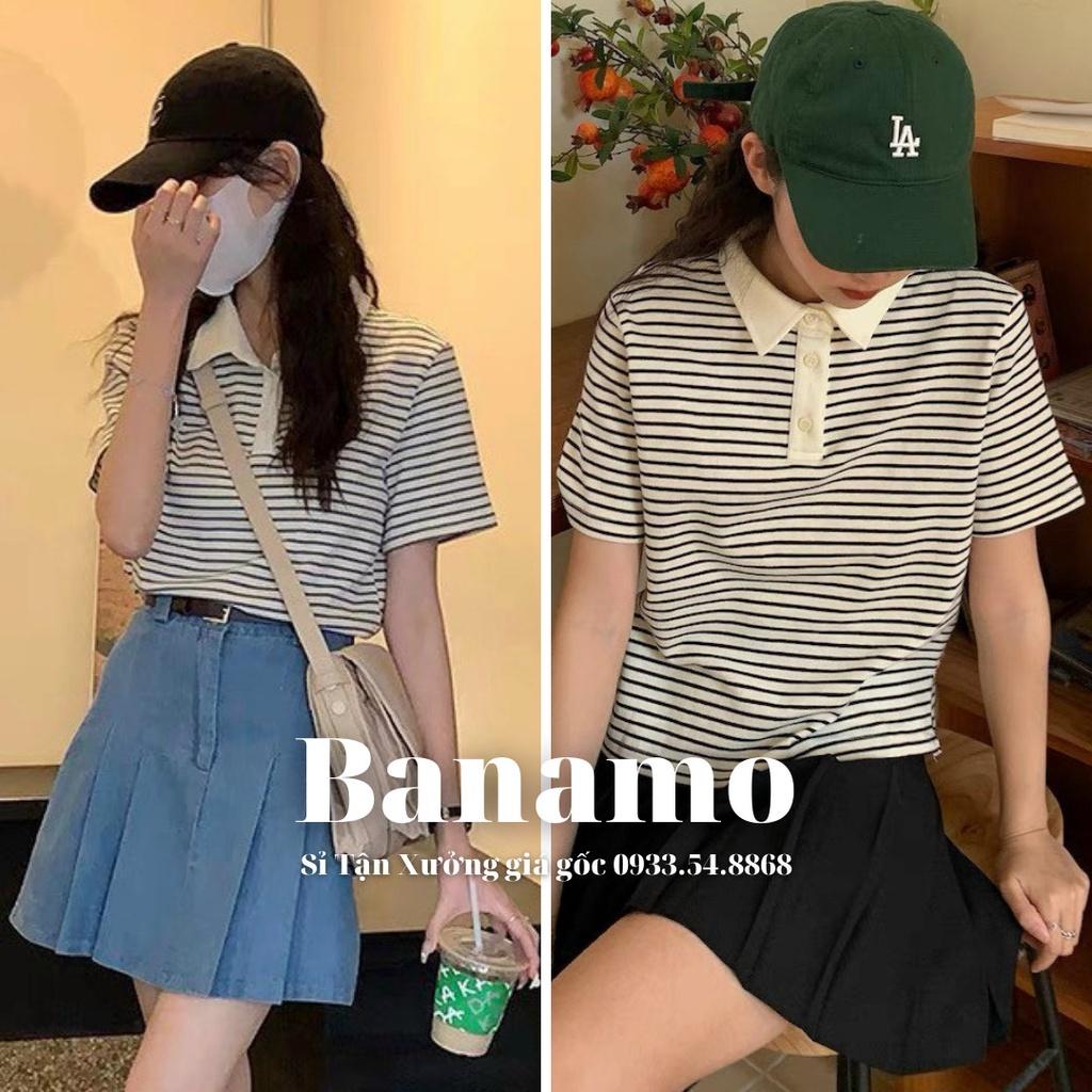 Áo polo nữ cộc tay họa tiết kẻ ngang phong cách trẻ trung thời trang Banamo fashion polo nữ kẻ sọc ngang 3930