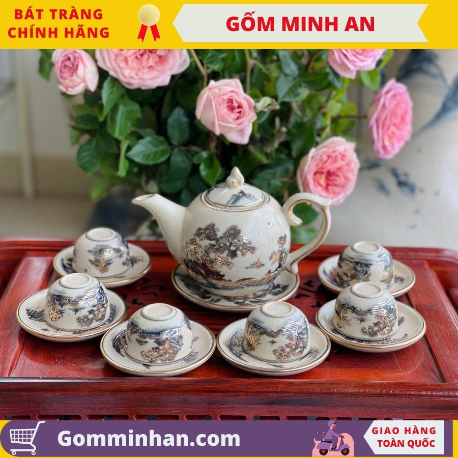 Bộ Ấm Trà Gốm Sứ Giả Cổ Vẽ Vàng Dáng Chóp Lửa Gốm Sứ Bát Tràng- Gốm Minh An- Bộ Ấm Trà Đẹp Sang
