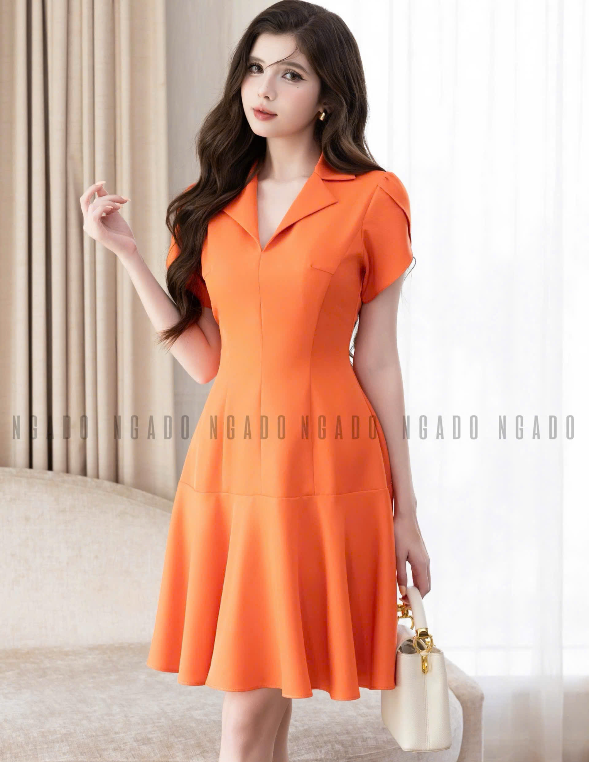 Đầm cam cổ vest NGADO , đầm kiểu nữ , đầm công sở , dự tiệc