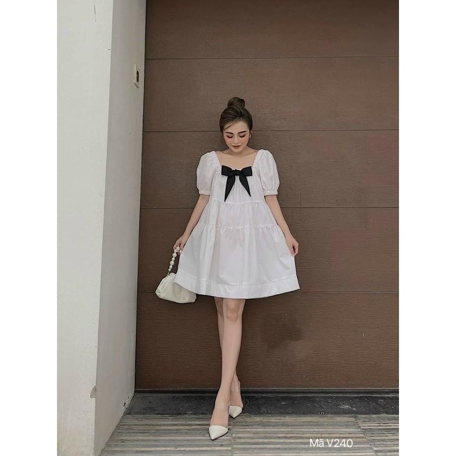 Váy thiết kế babydoll, đính nơ ngực, đầm xuông 3 tầng, dáng rộng freesize, màu Nâu - Trắng, mã V240 - Michi's House