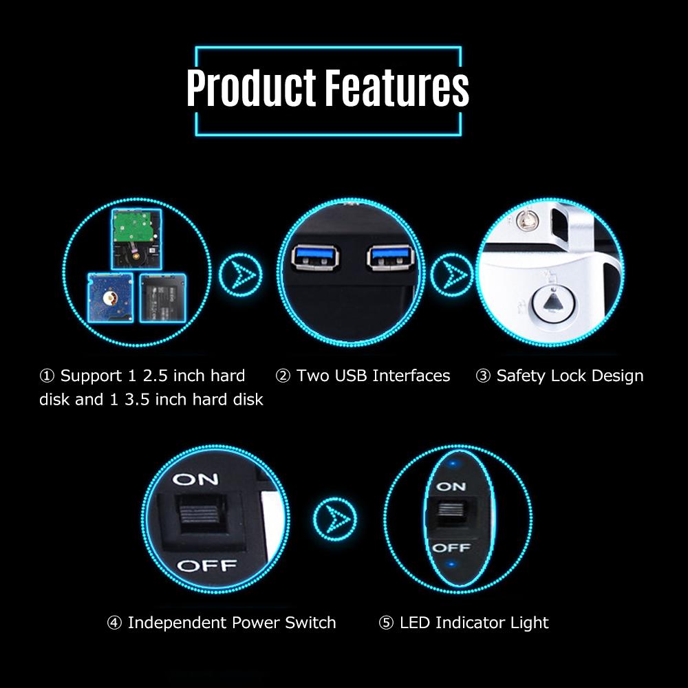 Internal Dual Slot Hard Disk Case 2.5+3.5 inch SATA HDD/SSD Enclosure Tool-free Design with 2 USB3.0 Ports Safety Locks