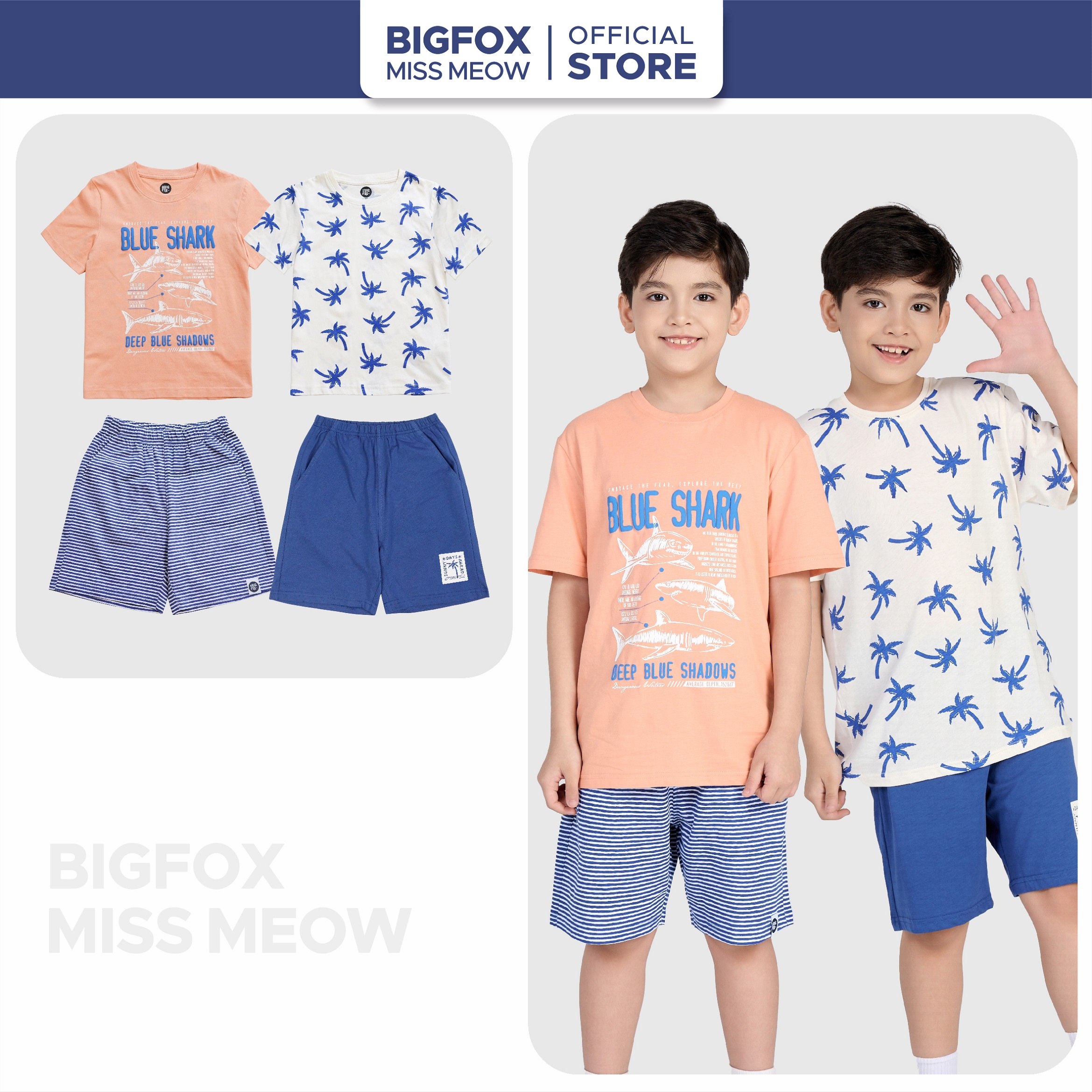 Bộ đồ bé trai ngắn tay Bigfox Miss Meow size đại mùa hè mặc nhà vải cotton cho trẻ em 3-11 tuổi 35kg
