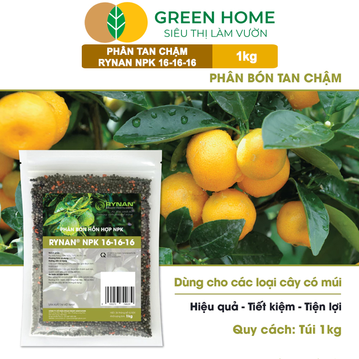Phân Tan Chậm GreenHome, Rynan NPK 16-16-16, Túi 1kg, Dùng Cho Cây Có Múi Khỏe Bền Tán Xanh Rễ Mạnh