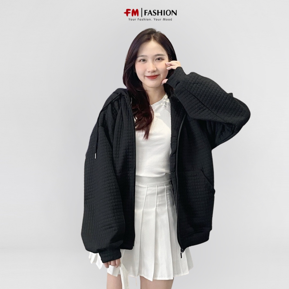 Áo khoác hoodie zip nỉ FM Style form rộng tay bồng basic khoá kéo phối 2 túi có mũ lớn thời trang ulzzang 23030456