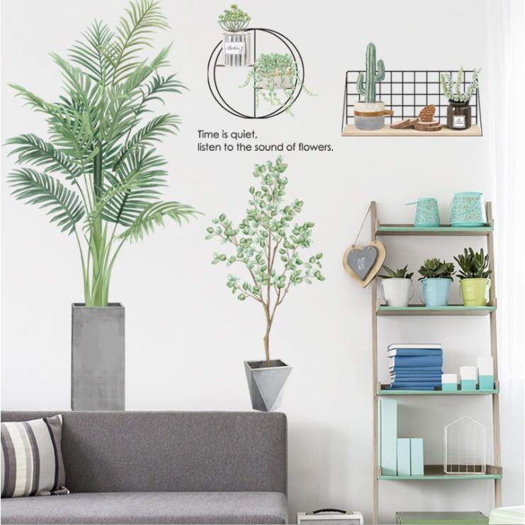 Decal dán tường trang trí - CHẬU CÂY XANH KÈM KỆ XƯƠNG RỒNG TINH TẾ