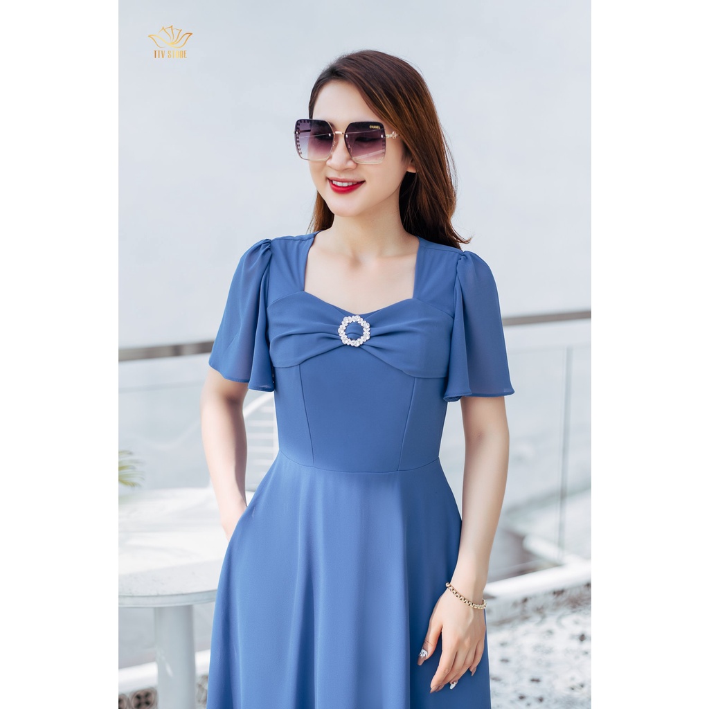 Đầm xoè thời trang trung niên TTV Store Cổ vuông nơ tay loe thiết kế Xanh dương TTV1183 thanh lịch