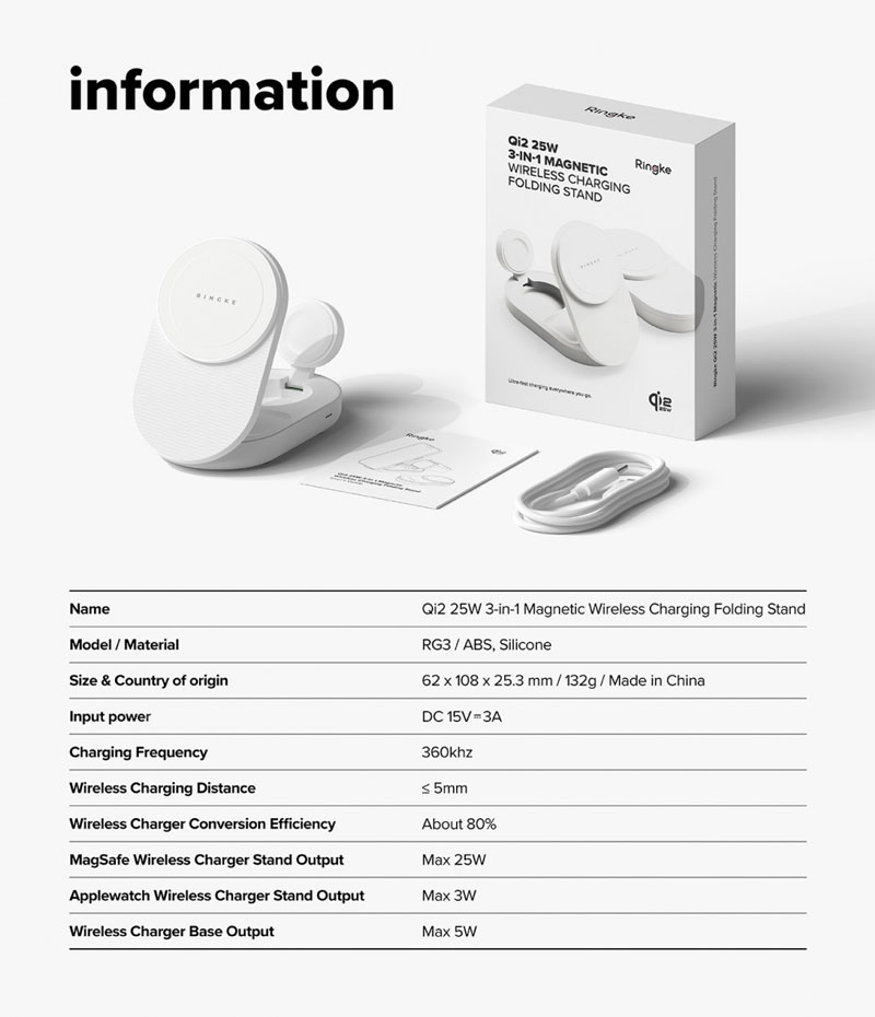 Đế sạc Ringke Stand Qi2 25W 3-in-1 Folding Magnetic Wireless Charger - Hàng Chính Hãng