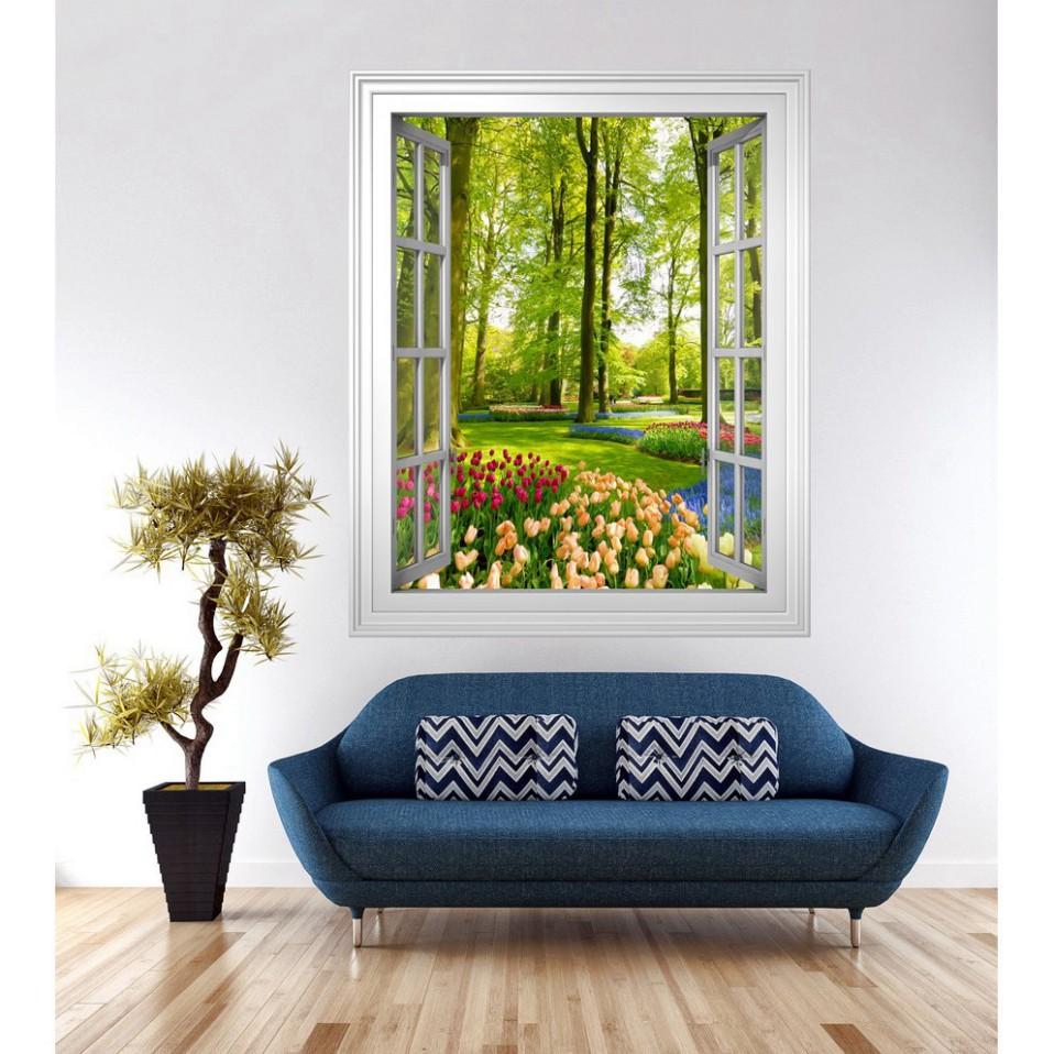 Tranh dán tường cửa sổ 3D khổ dọc cảnh vườn hoa 0033-D