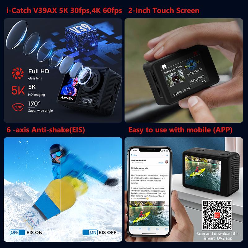 Axnen AX9 Máy ảnh hành động 5K30fps với Mic không dây từ xa