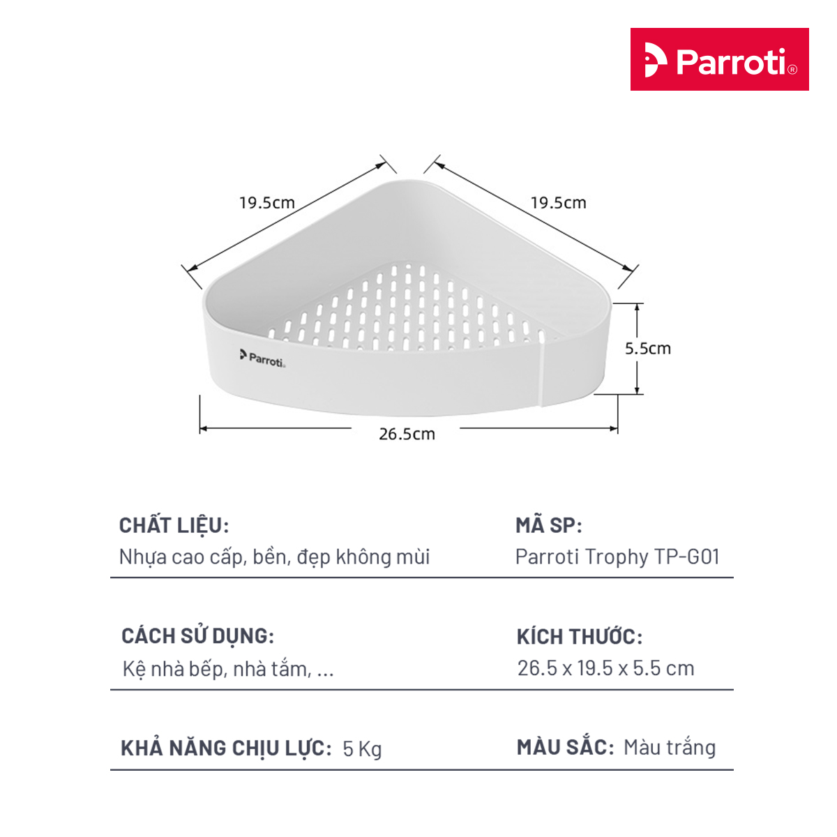 Kệ nhà tắm để đồ đa năng, giá để đồ vật dụng góc nhà tắm nhà bếp cao cấp Parroti Trophy TP-G01