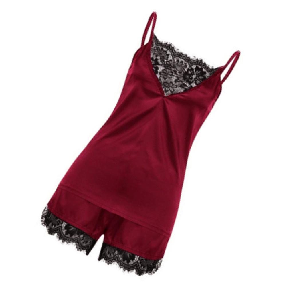 Wine Red Women's Lace Satin Sleepwear Cami Top and Shorts Pajama S