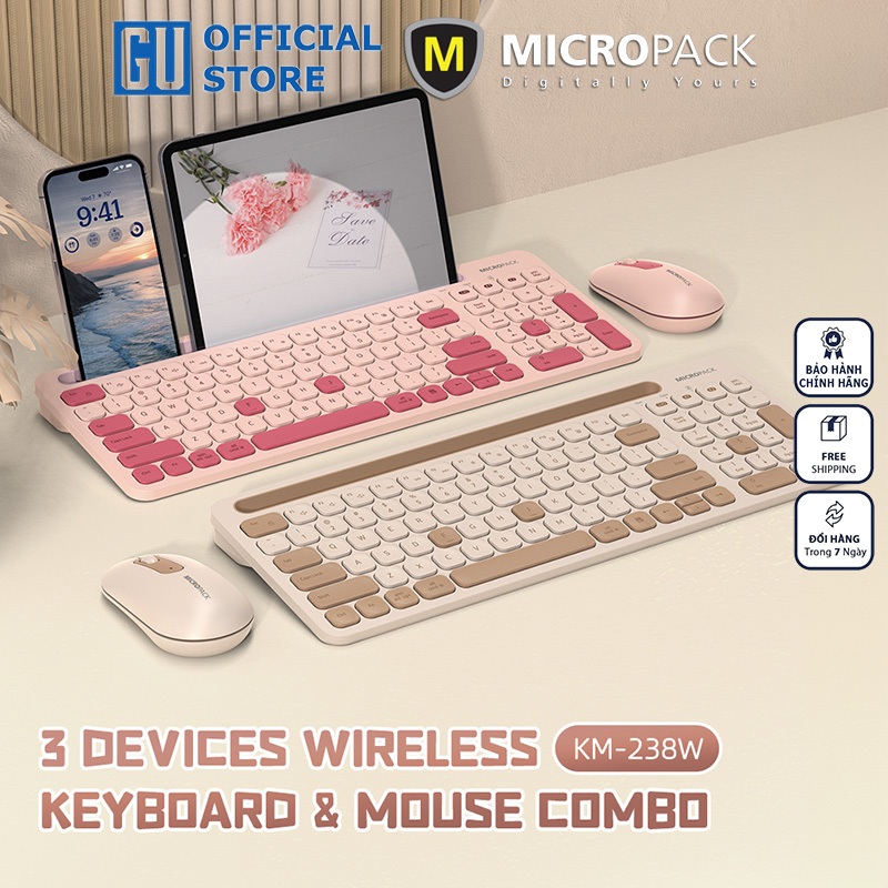 Bộ bàn phím kèm chuột không dây MicroPack Lifestyle KM-238W Có Khe Dựng Máy Tính Bảng, Điện Thoại Kết Nối 03 Thiết Bị Hàng Chính Hãng