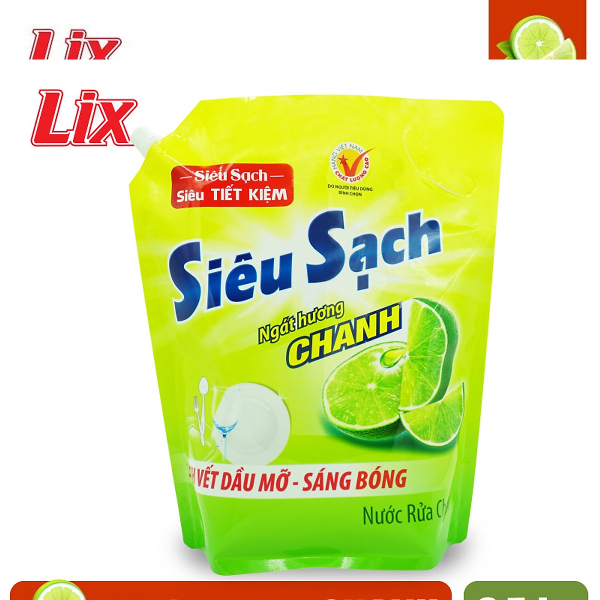 Nước rửa chén LIX 3.5KG siêu sạch hương chanh loại túi N4301 sạch bóng vết bẩn dầu mỡ không hại da tay