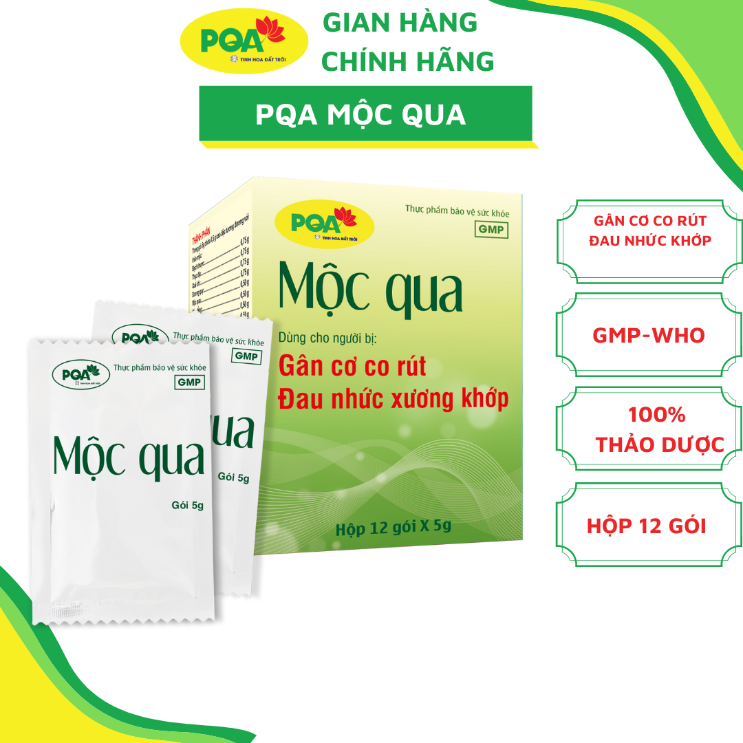 Cốm PQA Mộc Qua là dược phẩm thảo dược hỗ trợ khu phong hàn, thư giãn gân cốt, giúp hạn chế các triệu chứng đau mỏi gân cơ.