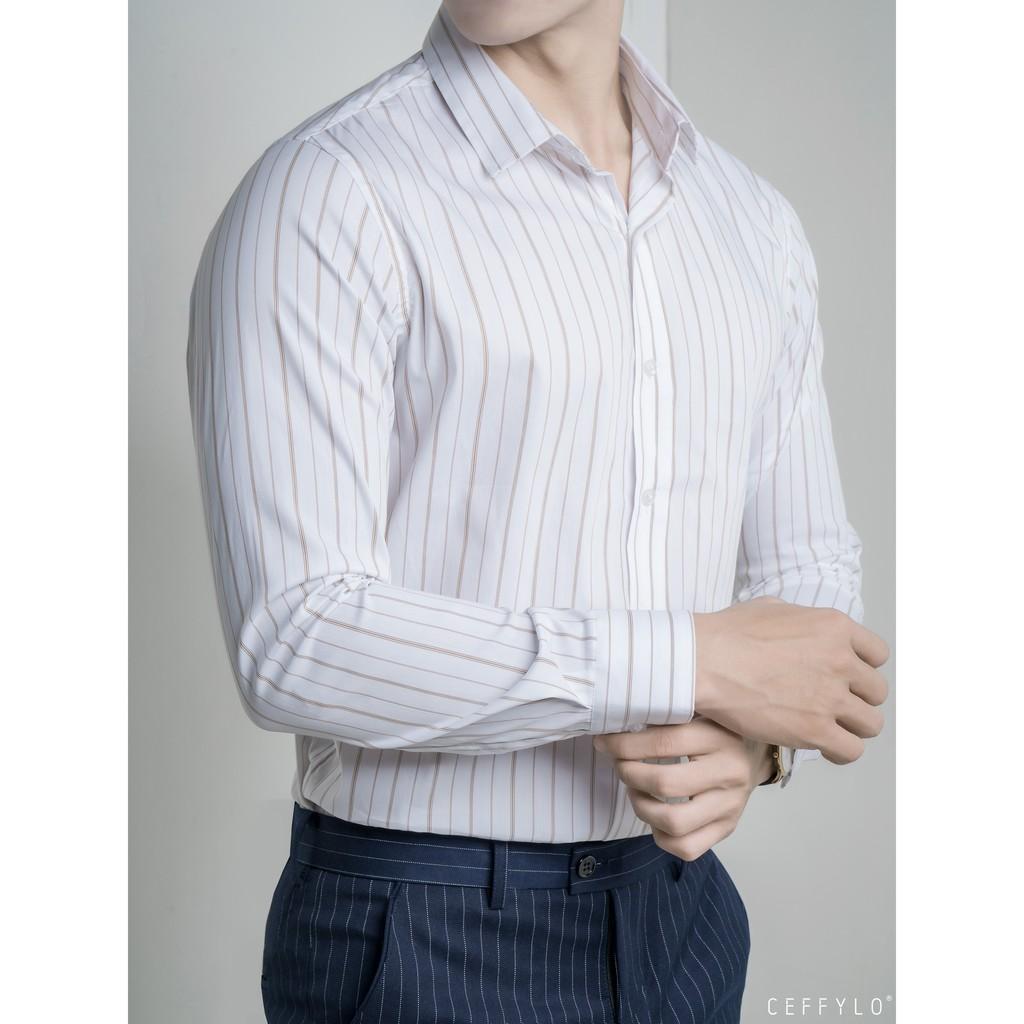 Áo Sơ Mi Nam Họa Tiết Kẻ Sọc Nâu CEFFYLO 2, Vải Cotton Mềm Mịn, Form Chuẩn