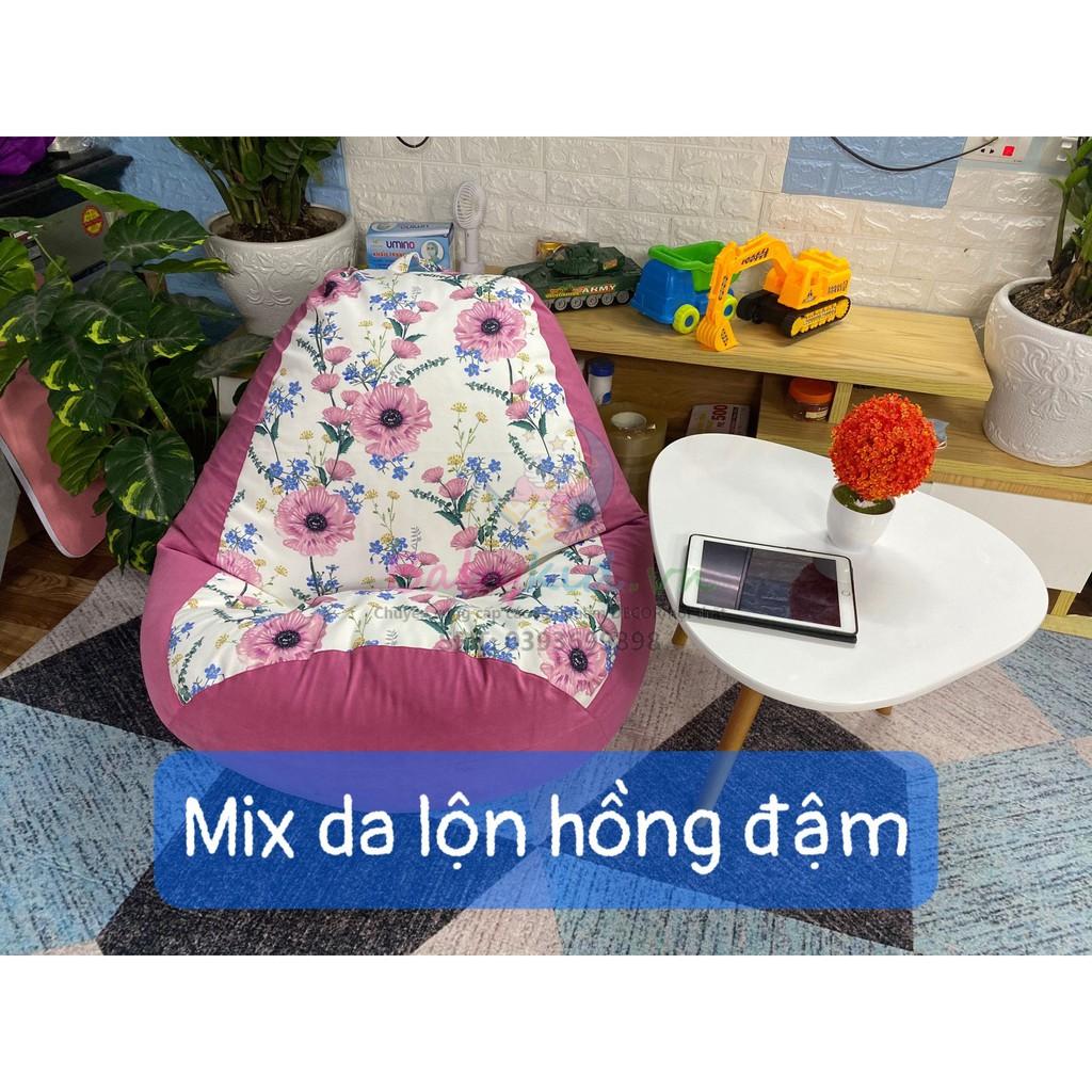 Vỏ bọc ghế lười dáng lê, vải thô nhật dày mix da lộn, hình hoa, 4 size