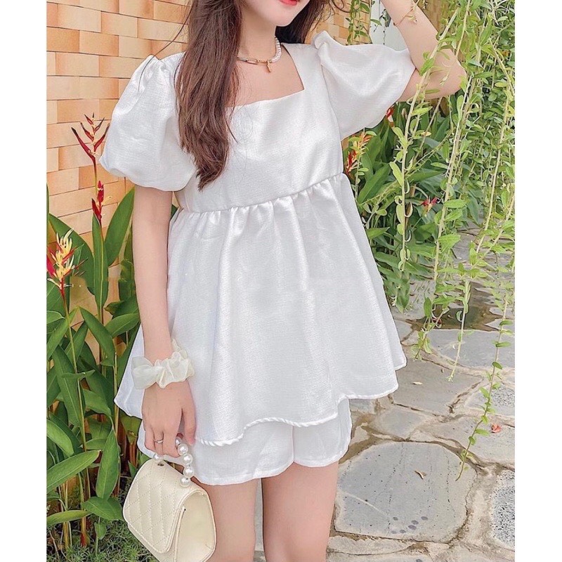 Sét áo đũi babydoll và quần sooc trắng siêu đẹp
