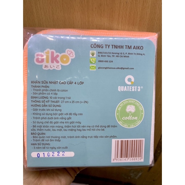 Khăn sữa cao cấp Aiko 4 lớp xuất Nhật - bịch 10 chiếc