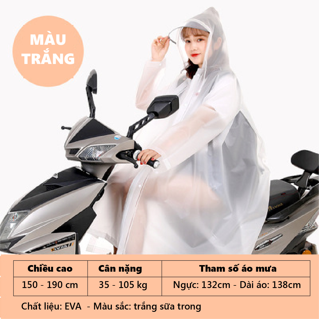 ÁO MƯA EVA  MÀU TRẮNG - LOẠI TỐT - XUẤT NHẬT/ HÀN/ CHÂU ÂU / ÁO MƯA BÍT - phù hợp cả NAM & NỮ (không mùi, an toàn cho sức khỏe)