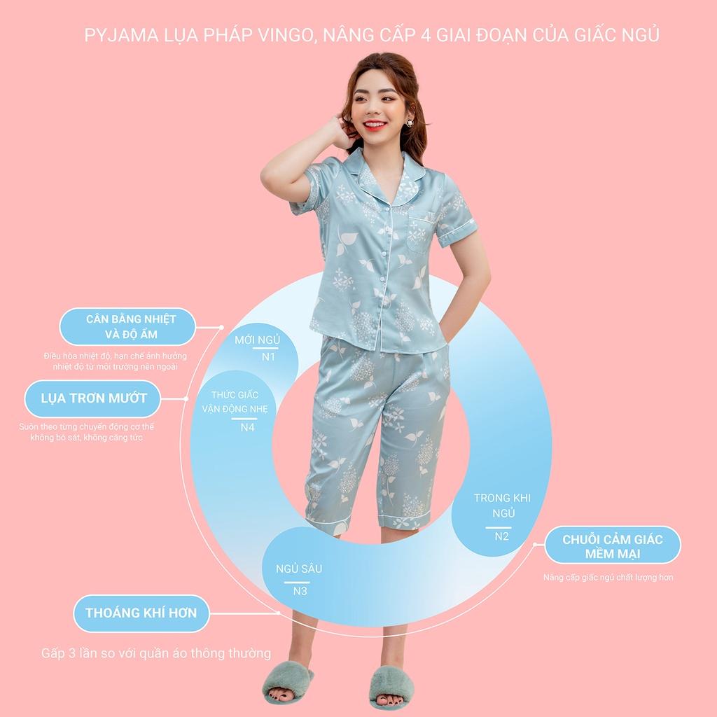 Đồ bộ nữ mặc nhà Pijama lụa Pháp VINGO tay ngắn quần lửng mặc màu Hè họa tiết chùm hoa màu xanh nhạ thanh lịch H691 VNGO