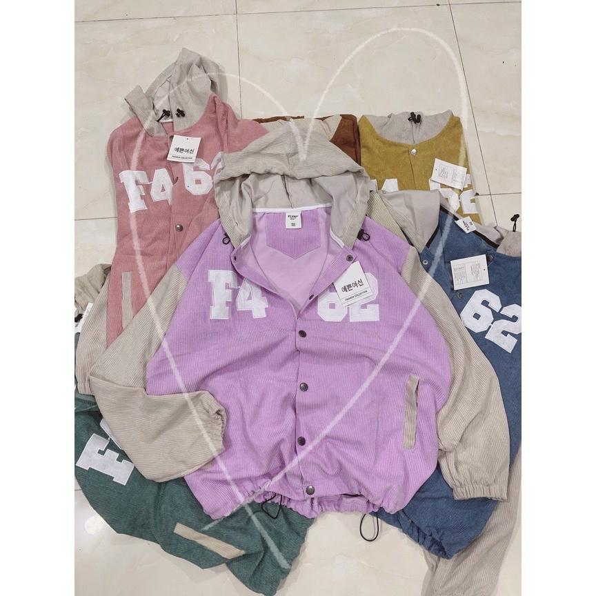 Áo Khoác Nữ Kiểu Bomber Chất Nhung Kaki Unisex Có Nón Thêu F462 Nút Bấm Màu Đen , Mint ,Xanh , Nâu , Vàng , Tím , Hồng