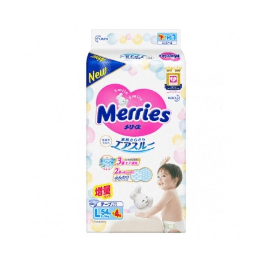 Bỉm - Tã dán Merries cộng miếng size L 54+4 miếng (Cho bé 9~14kg)