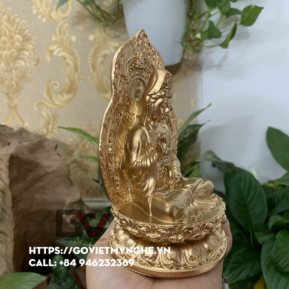 Tượng đá Quan Thế Âm Bồ Tát ngồi đài sen + chữ "Phật" - Chiều cao 15cm - Màu nhũ đồng