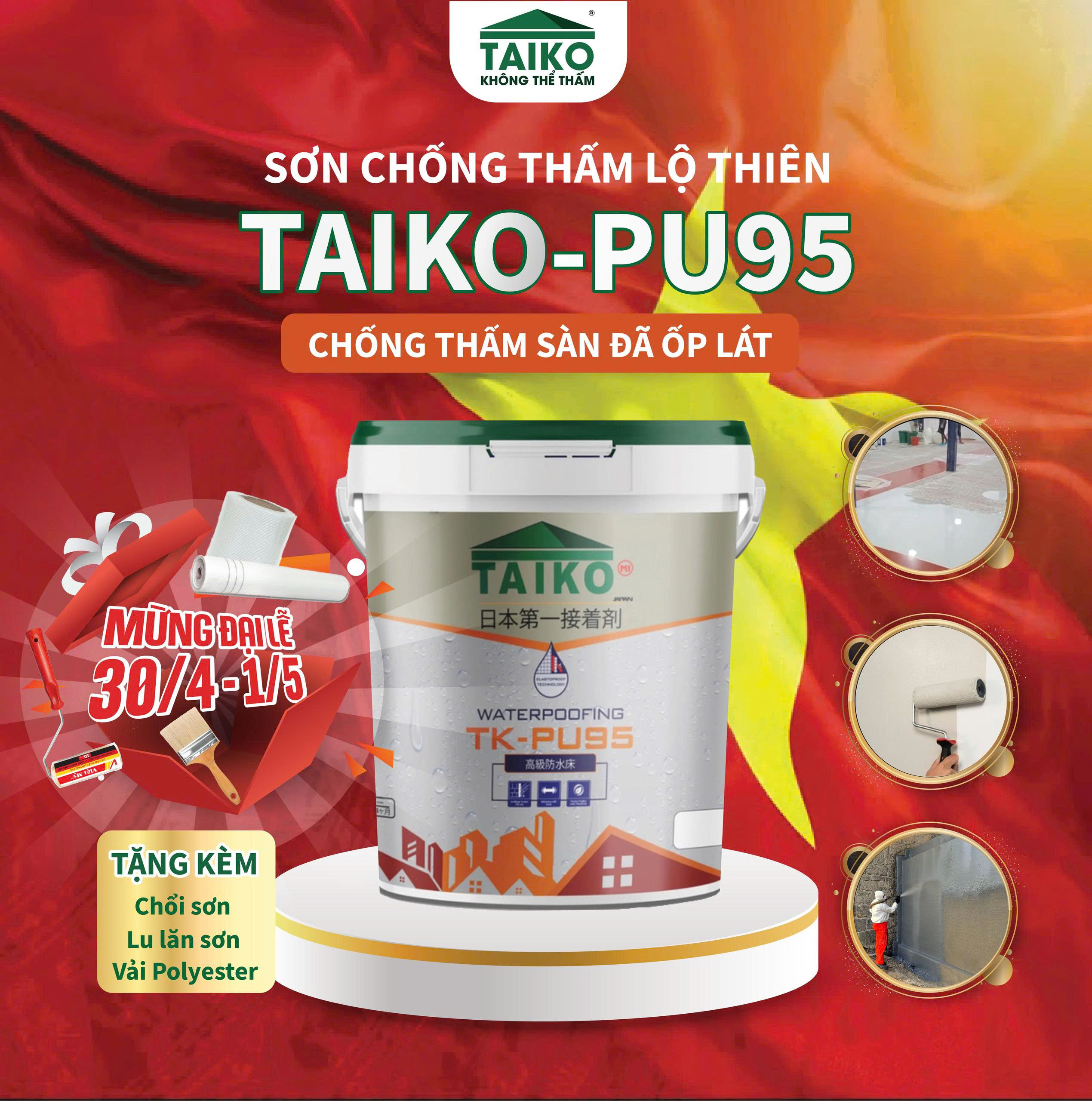 [5 Kg] Sơn Chống Thấm PU (Polyurethane) TAIKOMI PU95 - Chống Thấm Sàn Lộ Thiên Đã Ốp Lát Đi Lại Nhiều