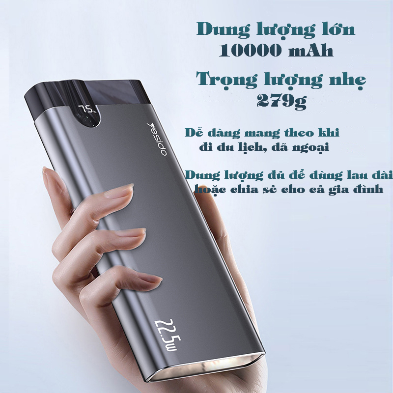 Sạc dự phòng Nhanh hai chiều 22.5W Yesido YP-24 Dung lượng 10000mAh Hàng Nhập Khẩu