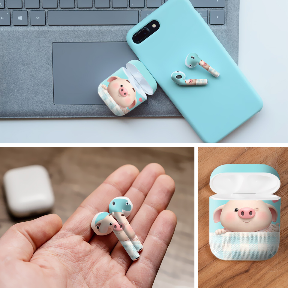 Miếng dán skin chống bẩn cho tai nghe AirPods in hình Heo con dễ thương - HEO2k19 - 163 (bản không dây 1 và 2)