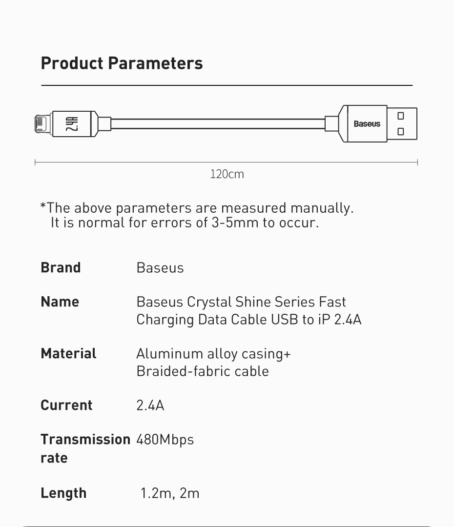 Cáp sạc nhanh và truyền dữ liệu Ba-se-us Crystal Shine Series Fast Charging Data Cable USB to iP 2.4A - Hàng chính hãng