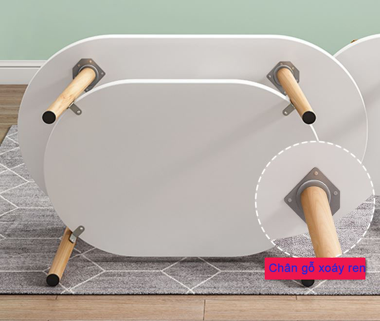 Bàn sofa, bàn trà hình Ovan 2 tầng, chân gỗ tự nhiên cao cấp