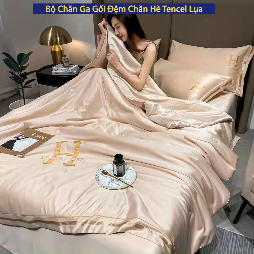 Bộ Chăn Ga Gối Nệm Đệm 5 Món Phi Lụa Chữ H Luxury Cao Cấp Bo Chun Drap Giường Chăn Chần Bông