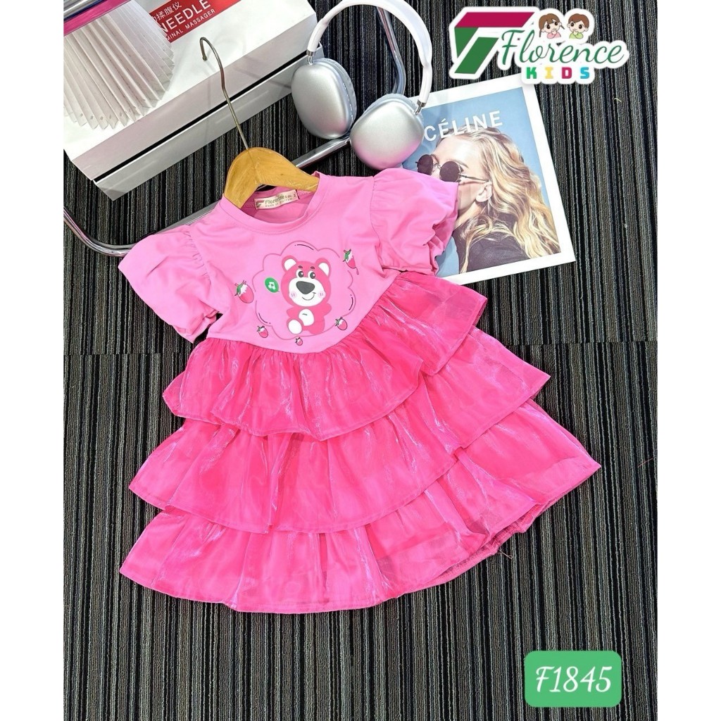 Đầm váy công chúa cho bé gái babydoll tầng xòe hình Gấu dâu Lotso từ 12-40kg chất cotton mềm mát