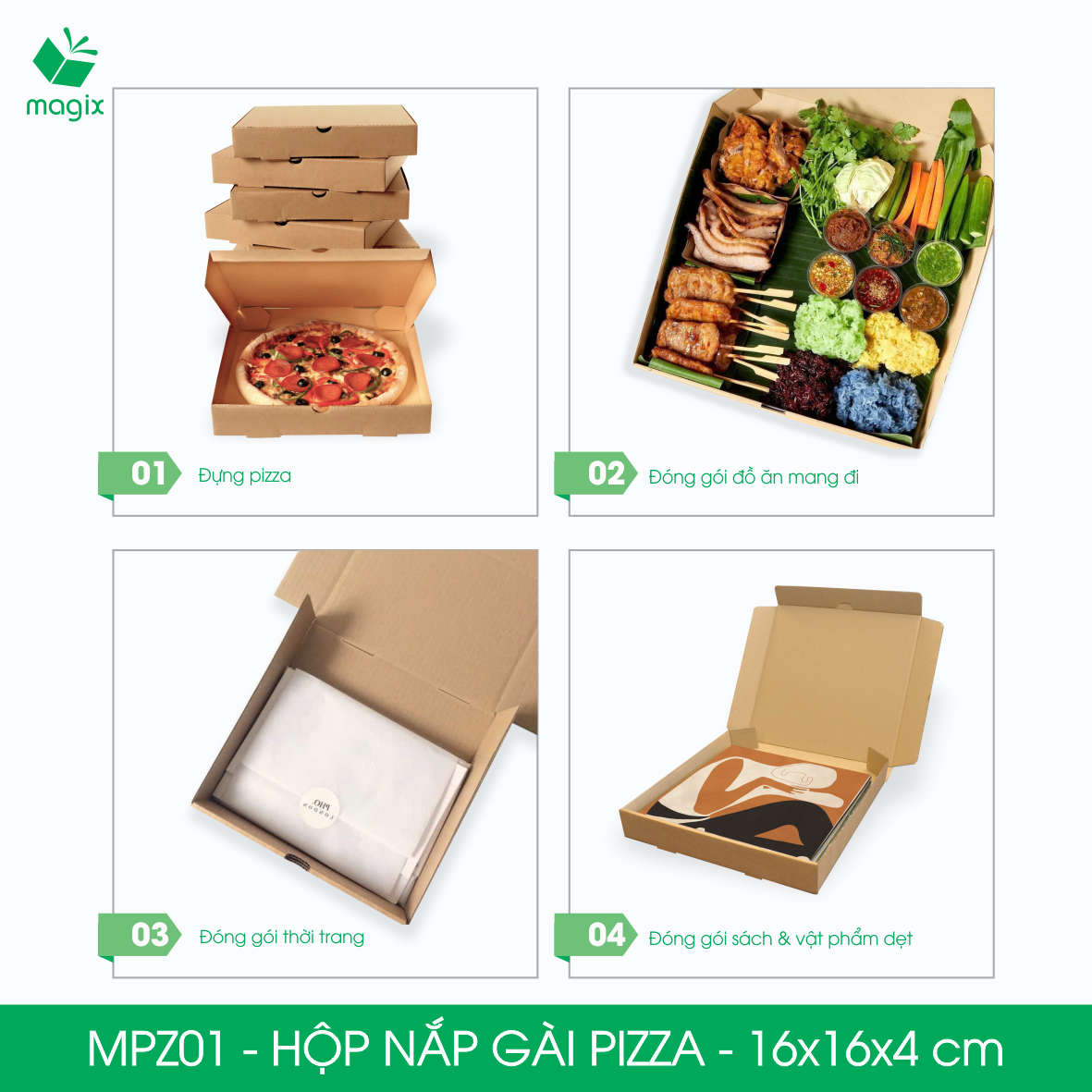 MPZ01 - 16x16x4 - 100 Hộp nắp gài pizza đa dụng - Hộp nắp gập, hộp carton gói hàng, hộp quà