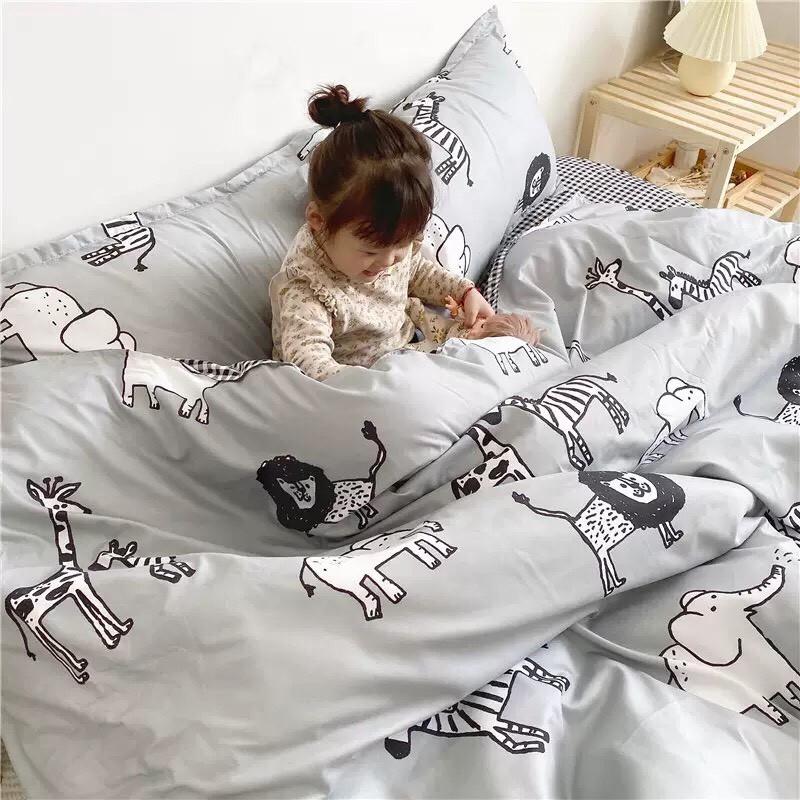 Bộ chăn ga Cotton Poly M2T bedding chăn ga Hàn Quốc họa tiết vườn bách thú đủ size miễn phí bo chun