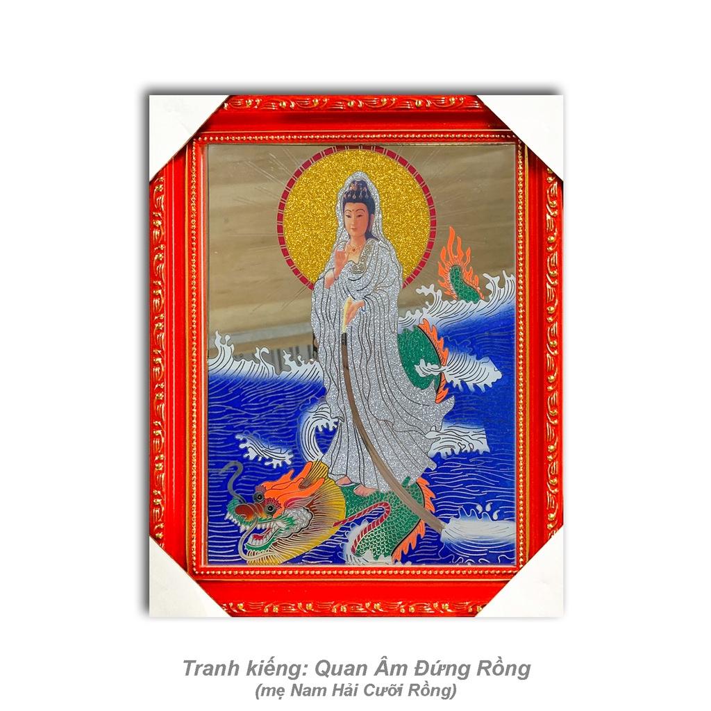 Tranh Kiếng Quan Âm Đứng Rồng - Nền Gương - Tranh kiếng chạm - Độ mệnh - Khung gỗ và nhựa xi các loại